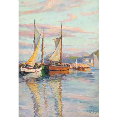 fig 1. Justus Lundegard, Moored Sailboats - Antique Oil Painting