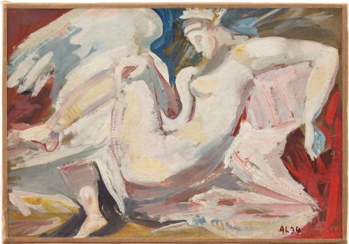 20th-century Spanish School, After Michelangelo, Leda & the Swan - Vintage Oil Painting