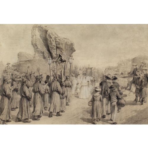 fig 1. Godefroy Durand, Saint’s Day Procession, France - Antique Drawing