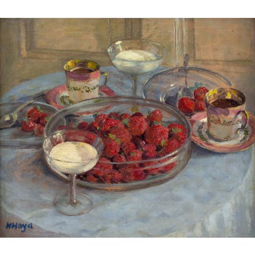 fig 2. Karl Hayd, Still Life With Strawberries & Tea Service - Vintage Oil Painting