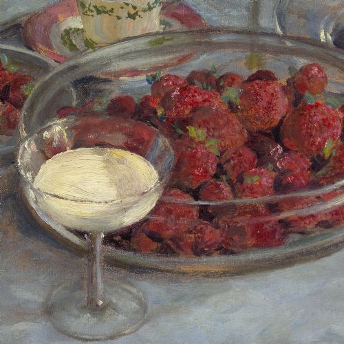 fig 1. Karl Hayd, Still Life With Strawberries & Tea Service - Vintage Oil Painting