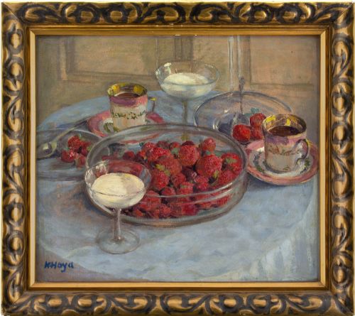 Karl Hayd, Still Life with Strawberries & Tea Service - Vintage Oil Painting