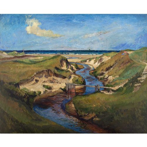 fig 1. Alfred Märtens, Coastal Landscape With Estuary - Large Antique Oil Painting