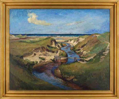 Alfred Märtens, Coastal Landscape with Estuary - Large Antique Oil Painting