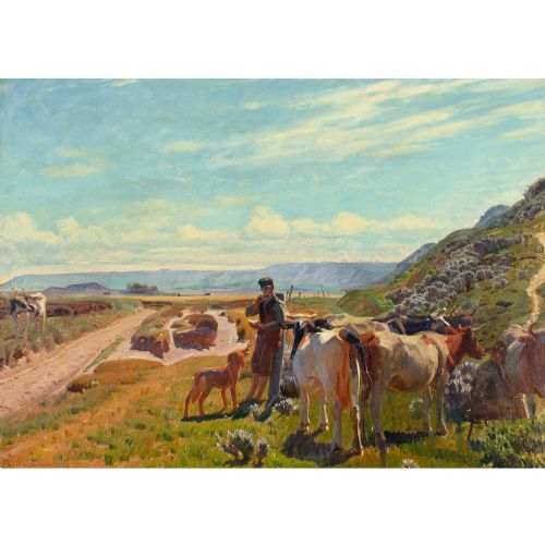fig 1. Knud Sinding, Pastoral Scene With Shepherd - Large Antique Oil Painting