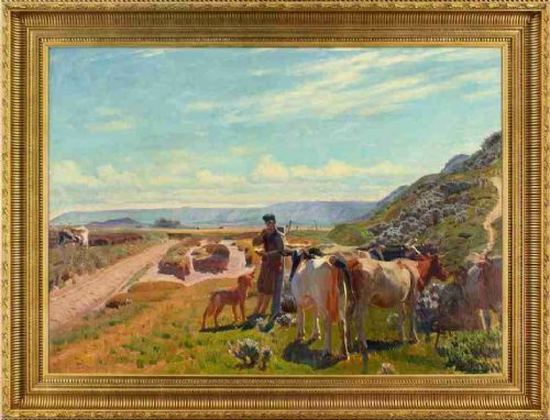 Knud Sinding, Pastoral Scene with Shepherd - Large Antique Oil Painting
