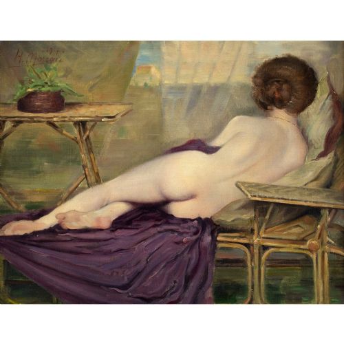 fig 1. Henri Moreau, Portrait Of A Nude On Chaise Longue - Antique Oil Painting