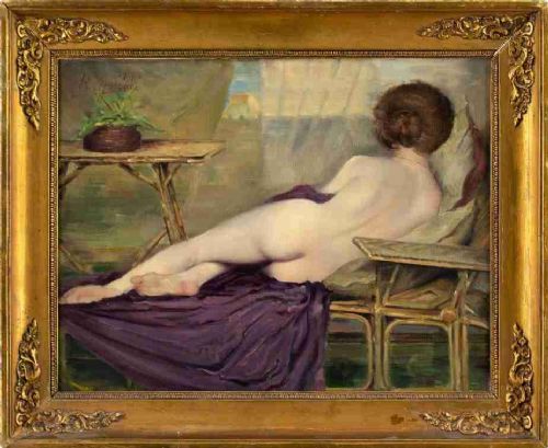Henri Moreau, Portrait of a Nude on Chaise Longue - Antique Oil Painting