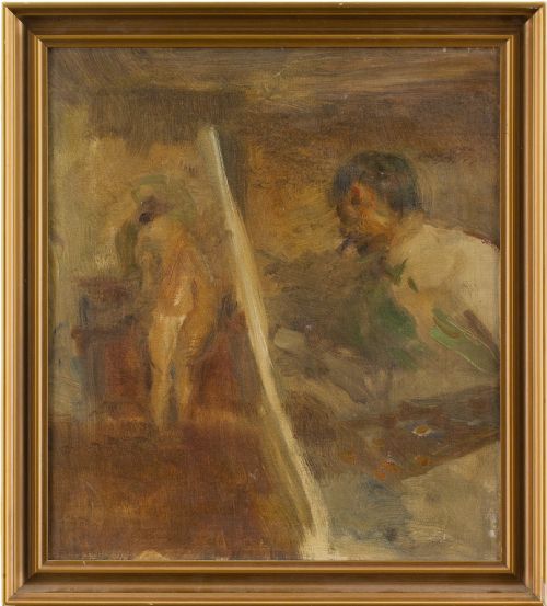 Julius Paulsen, Self-portrait with Model - Antique Oil Painting