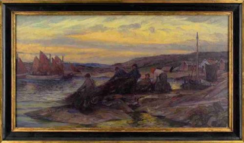 Swedish School, Fishermen Bringing in the Nets at Dusk - Large Vintage Oil Painting