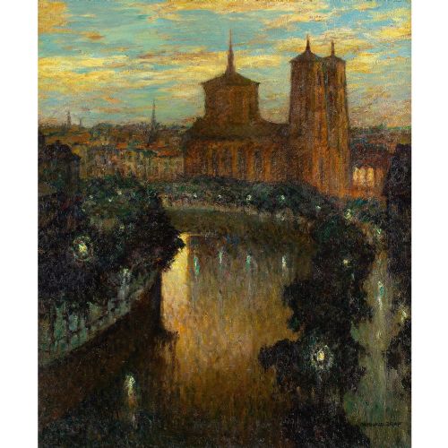 fig 1. Gerhard Graf, Berlin Evening Landscape With St Thomas Church - Vintage Oil Painting