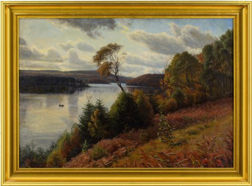 Emil Wennerwald, Autumn Landscape, Borresø Lake Near Silkeborg, Denmark - Antique Oil Painting