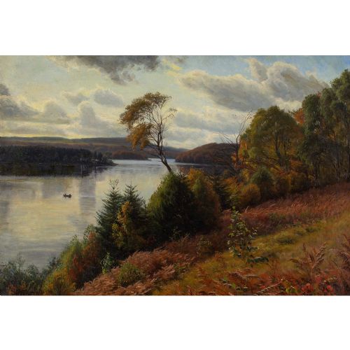 fig 1. Emil Wennerwald, Autumn Landscape, Borresø Lake Near Silkeborg, Denmark - Antique Oil Painting 