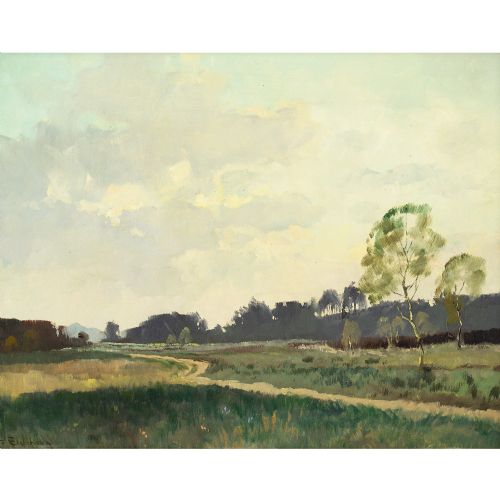 fig 1. Peter Eichhorn, Landscape With Meadow & Distant Hills - Vintage Oil Painting