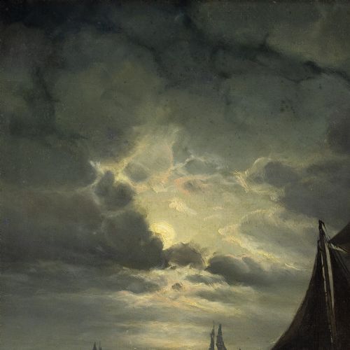 fig 1. Vilhelm Bille, Nocturne With Sailboats, Antique Oil Painting