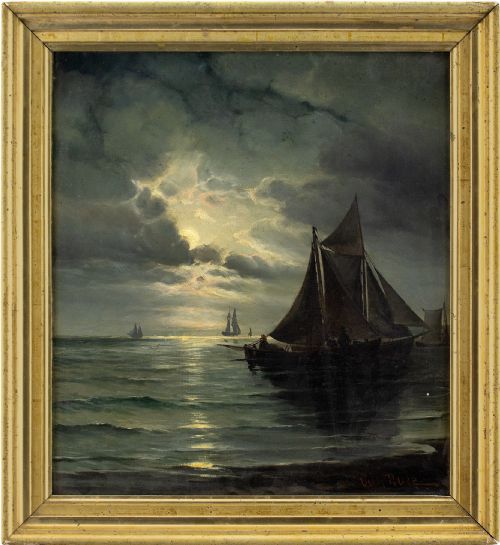 Vilhelm Bille, Nocturne with Sailboats, Antique Oil Painting