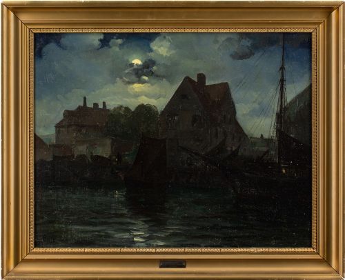 Willy Bille, Nocturne with Harbour & Moored Vessels - Antique Oil Painting