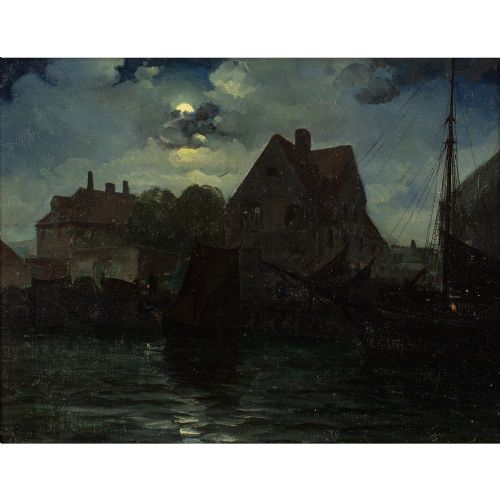 fig 1. Willy Bille, Nocturne With Harbour & Moored Vessels - Antique Oil Painting 