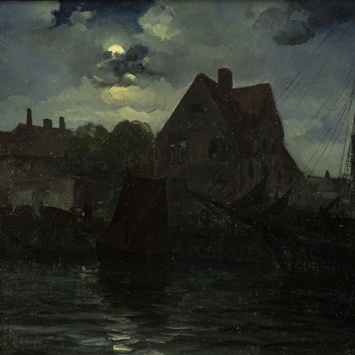 fig 2. Willy Bille, Nocturne With Harbour & Moored Vessels - Antique Oil Painting 