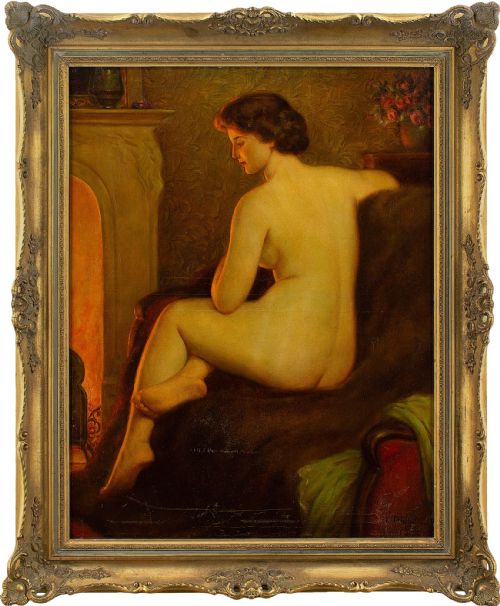 René Caty, Evening Interior with Female Nude - Large Vintage Oil Painting