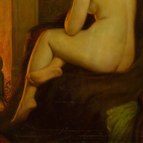 fig 1. René Caty, Evening Interior With Female Nude - Large Vintage Oil Painting 