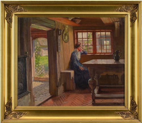 Robert Panitzsch, Interior Scene with Young Woman by a Window - Antique Oil Painting