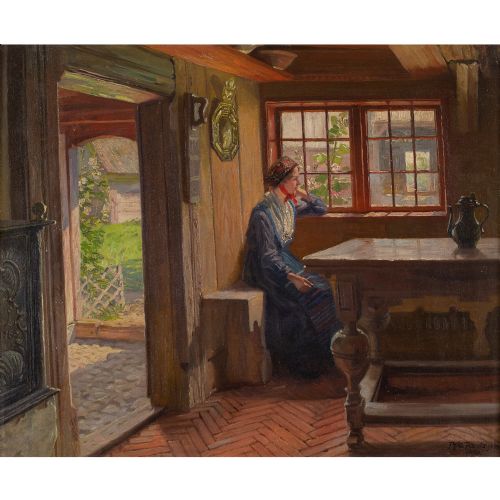 fig 1. Robert Panitzsch, Interior Scene With Young Woman By A Window - Antique Oil Painting