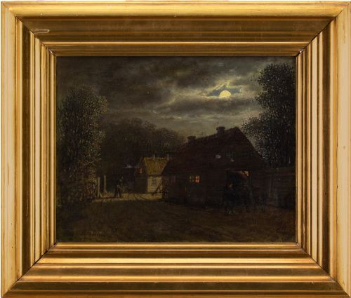 David Monies, Nocturne with Cottages - Antique Oil Painting