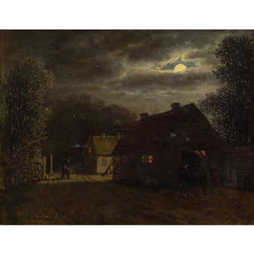 fig 1. David Monies, Nocturne With Cottages - Antique Oil Painting