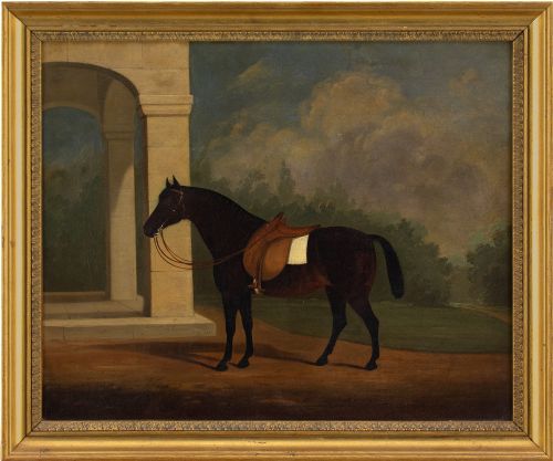 W H Burch, a Bay Horse by a Folly - Antique Oil Painting