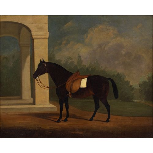 fig 1. W H Burch, A Bay Horse By A Folly - Antique Oil Painting 