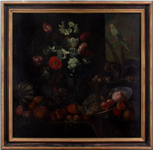 19th-century Dutch School Still Life with Flowers, Fruit & Parrot - Antique Oil Painting