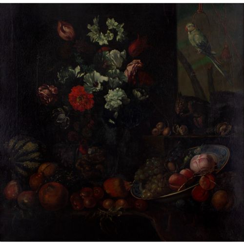 fig 1. 19th-Century Dutch School Still Life With Flowers, Fruit & Parrot - Antique Oil Painting 