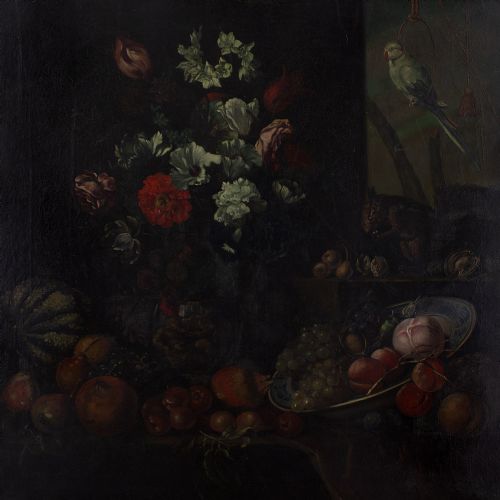 fig 2. 19th-Century Dutch School Still Life With Flowers, Fruit & Parrot - Antique Oil Painting 
