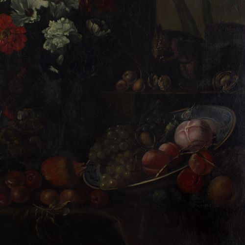 fig 3. 19th-Century Dutch School Still Life With Flowers, Fruit & Parrot - Antique Oil Painting 