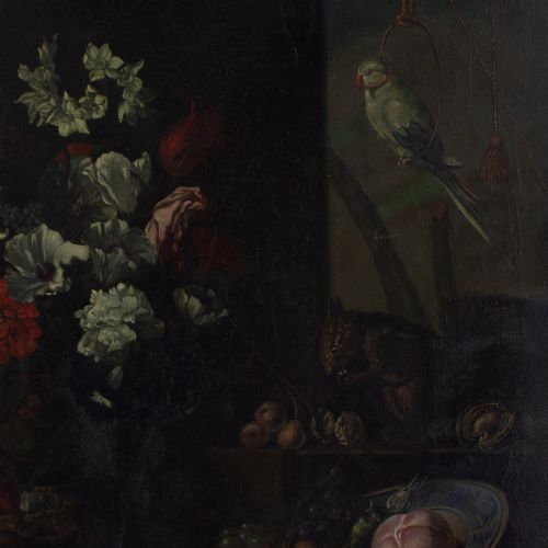 fig 4. 19th-Century Dutch School Still Life With Flowers, Fruit & Parrot - Antique Oil Painting 