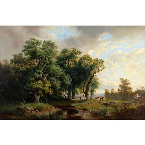 fig 1. Hendrik Pieter Koekkoek, Idealised Landscape With River - Antique Oil Painting