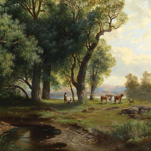 fig 2. Hendrik Pieter Koekkoek, Idealised Landscape With River - Antique Oil Painting