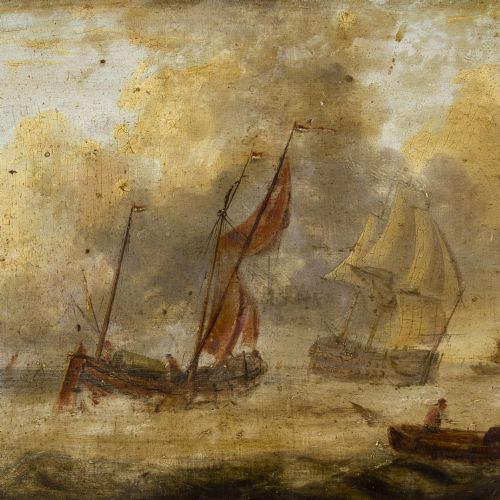 fig 1. 19th-Century Dutch School Marine Scene With Warship - Antique Oil Painting