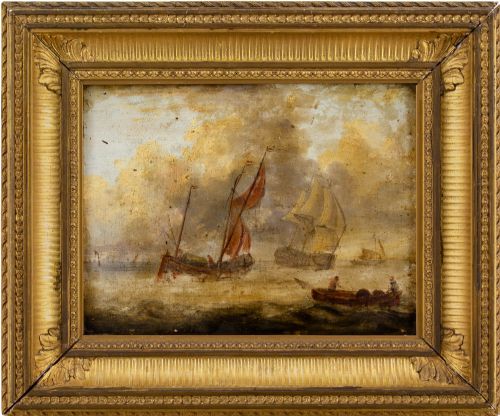 19th-century Dutch School Marine Scene with Warship - Antique Oil Painting