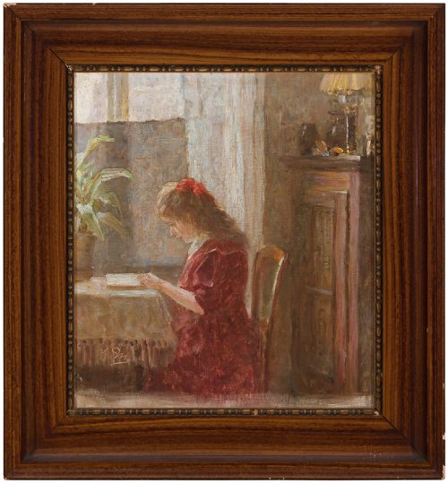 Early 20th-century Danish School, Interior Scene with Girl Reading - Antique Oil Painting