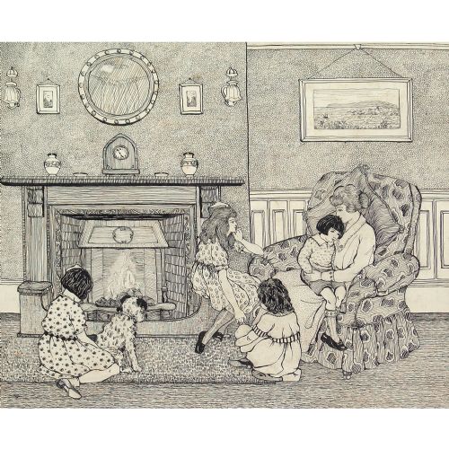 fig 1. Phyllis Mary Antrobus, Lounge Interior With Family - Antique Drawing