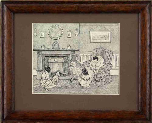 Phyllis Mary Antrobus, Lounge Interior With Family - Antique Drawing 