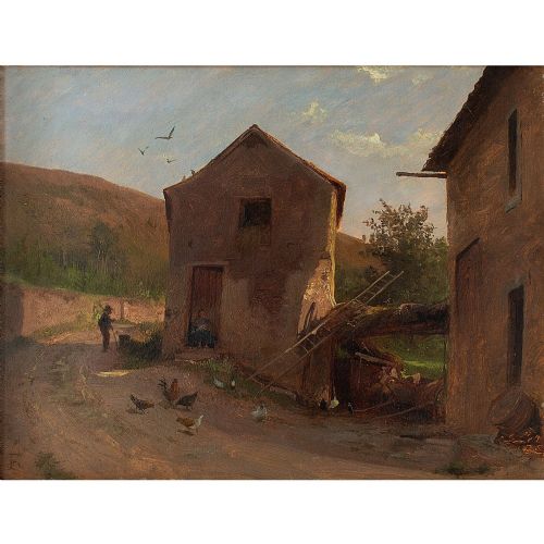 fig 1. Frederik Rohde, Rural Scene With Chickens, 19th Century Landscape Painting