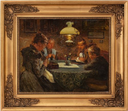 Frederick Larsen-saerslov, Interior Scene with Seated Family - Antique Oil Painting