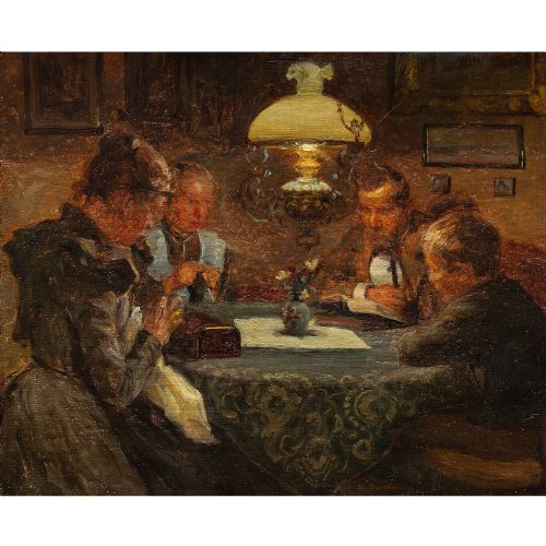 fig 1. Frederick Larsen-Saerslov, Interior Scene With Seated Family - Antique Oil Painting 