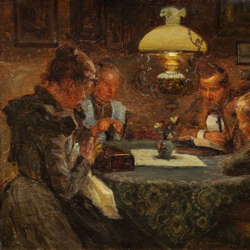 fig 2. Frederick Larsen-Saerslov, Interior Scene With Seated Family - Antique Oil Painting 