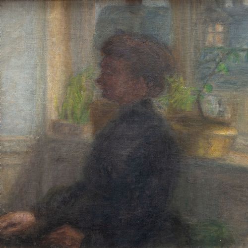 fig 1. Florence Abrahamson, Interior Scene With Seated Woman - Antique Oil Painting 