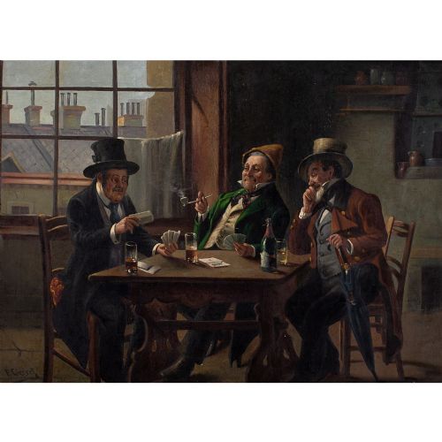 fig 2. Franz Giessel, Tavern Scene With Card Players - Large Antique Oil Painting 
