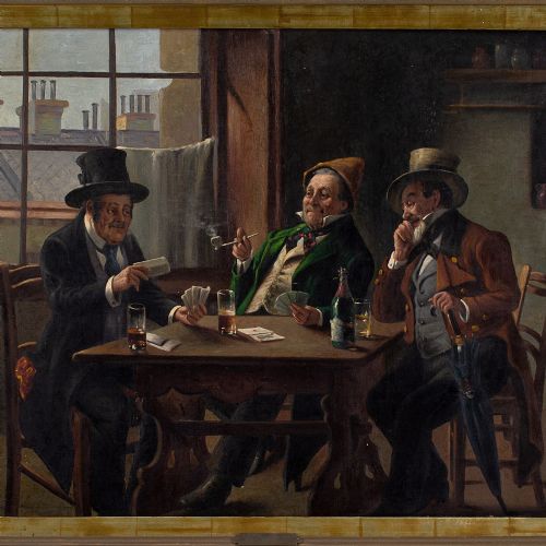 fig 1. Franz Giessel, Tavern Scene With Card Players - Large Antique Oil Painting 